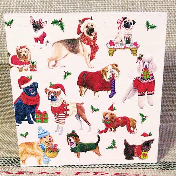 HAND CRAFTED TIERED TRAY DECOR/ MINI WOOD SIGN/CHRISTMAS DOGS DECOUPAGE SIGN - Picture 1 of 1